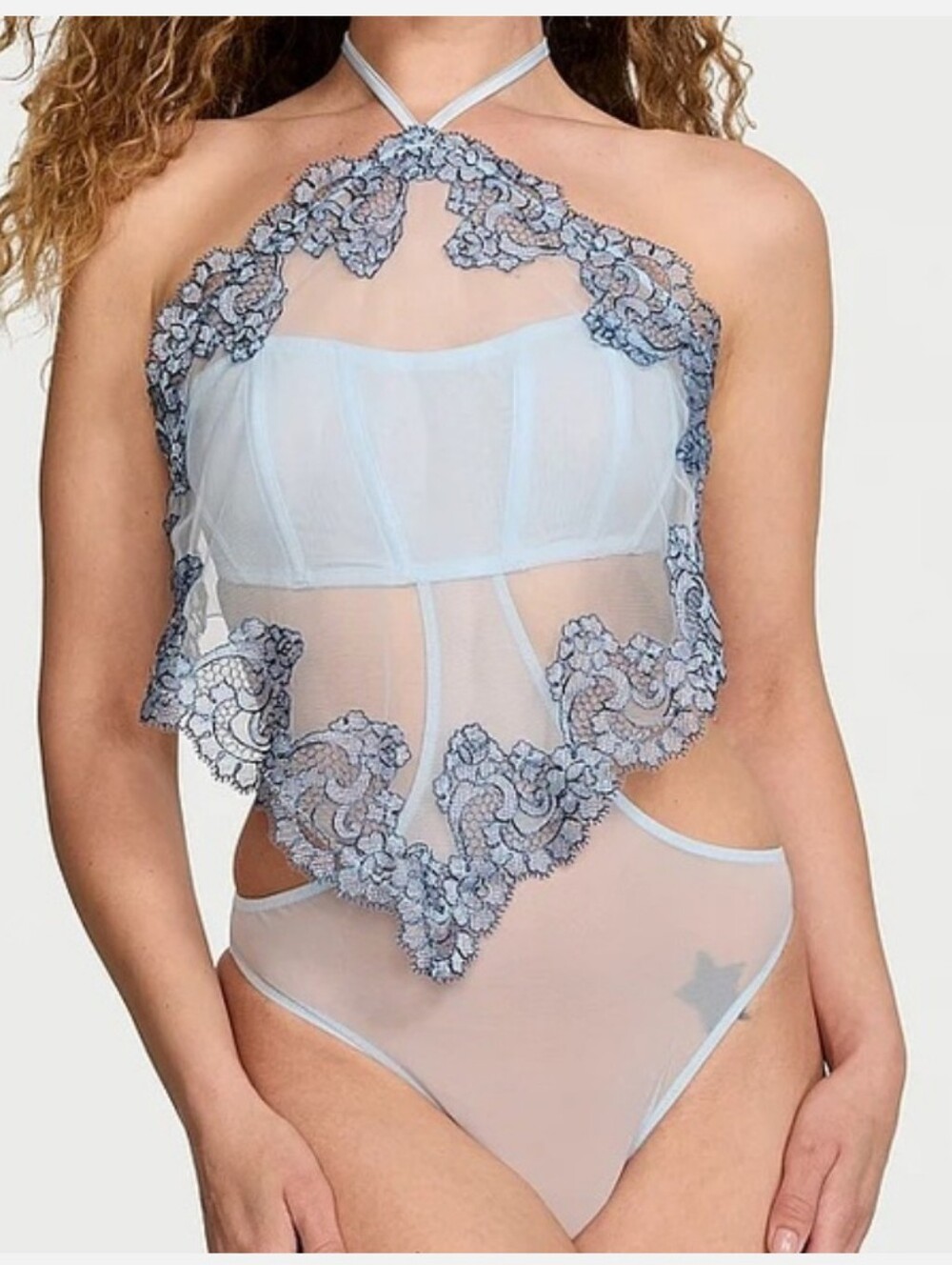 Victorias Secret Very SexySheer Boho Floral Embroidery Halter-Neck Teddy
